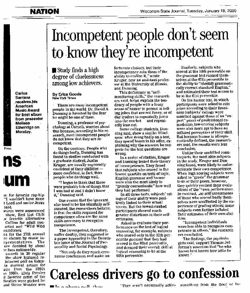 Newspaper article from 2000 about Dunning Kruger effect and incompetent people