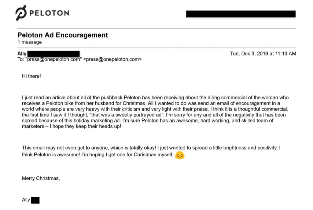 email in support of peloton ad