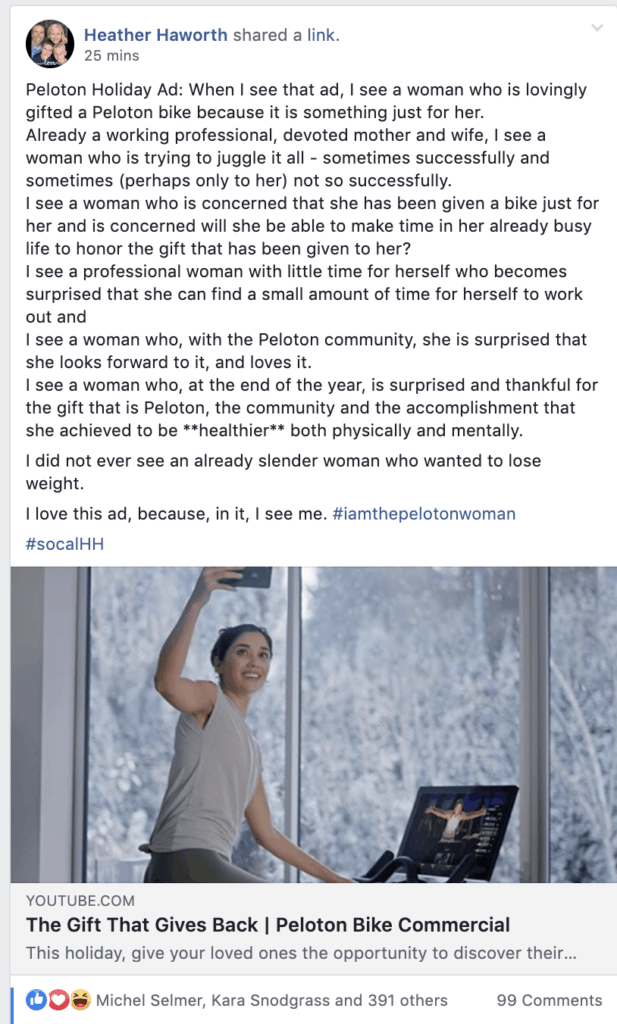 a facebook post in support of peloton ad