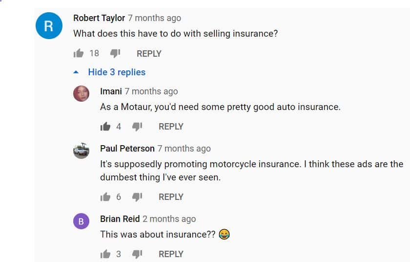 a screencap of comments about Progressive's Motaur tv commercial on YouTube