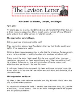 levison letter on how copywriters are like doctors, lawyers and bricklayers