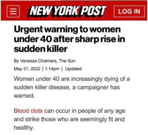 The New York Post continues gaslighting the American public with this story warning about a sharp increase in blood clots in women under 40