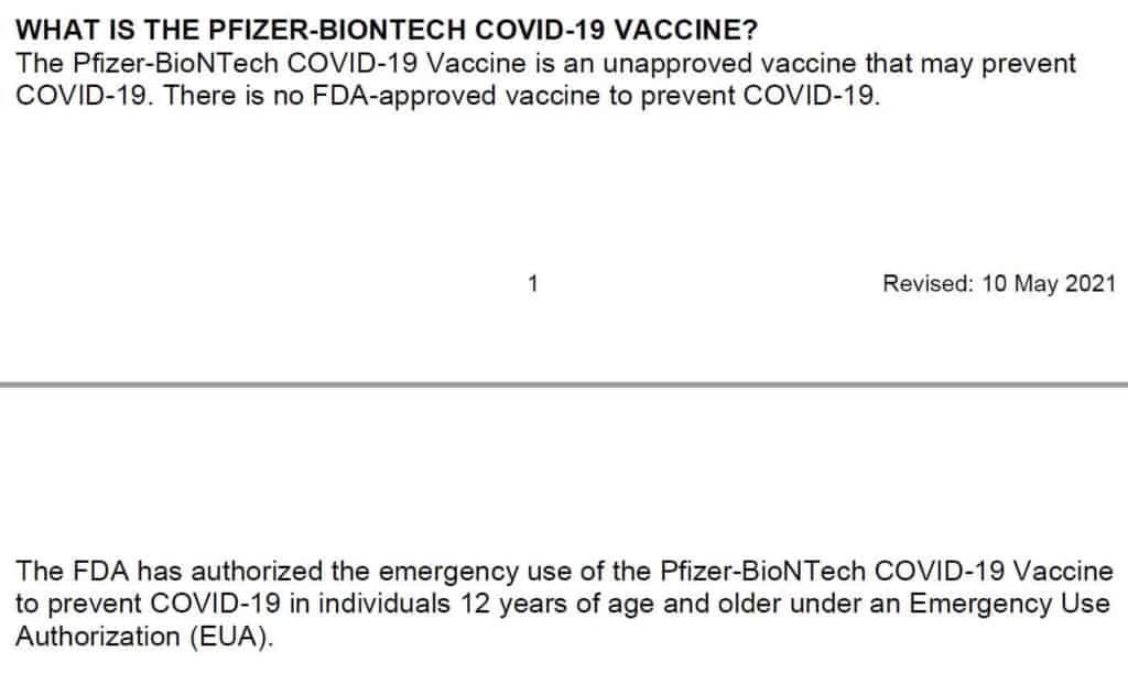 pfizer fact sheet says the pfizer-biontech covid-19 vaccine is unapproved