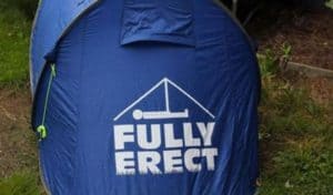 this logo for fully erect tents appears to show a sleeping man holding up the tent with his pole