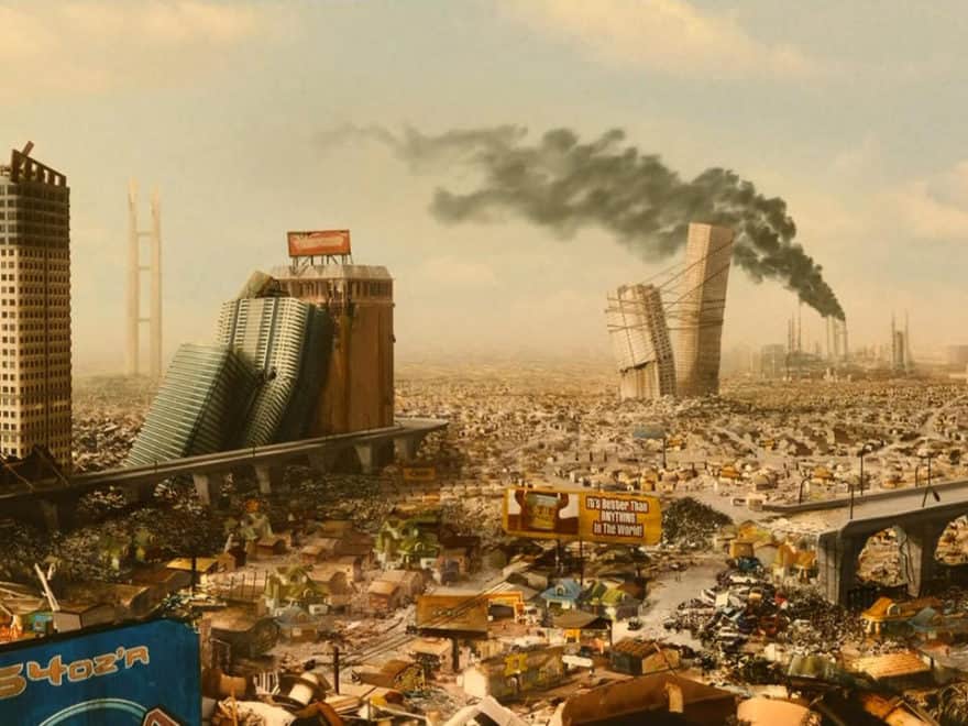 movie poster for idiocracy showing a destroyed and dumb downtown Detroit