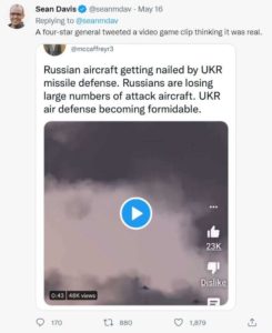 Tweet from a four-star Army general mistaking video game footage for real war