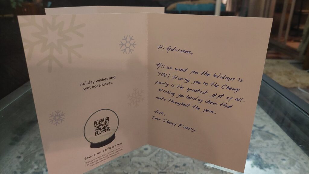 The inside of a holiday card we received from online pet products retailer Chewy