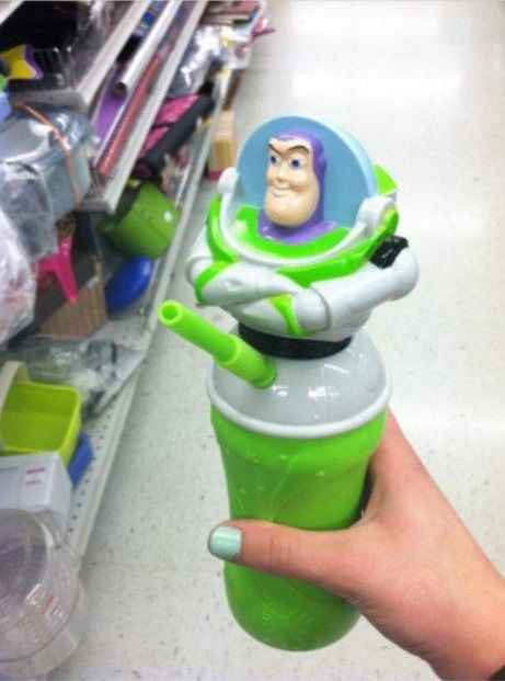 A Buzz Lightyear water bottle with an oddly placed straw