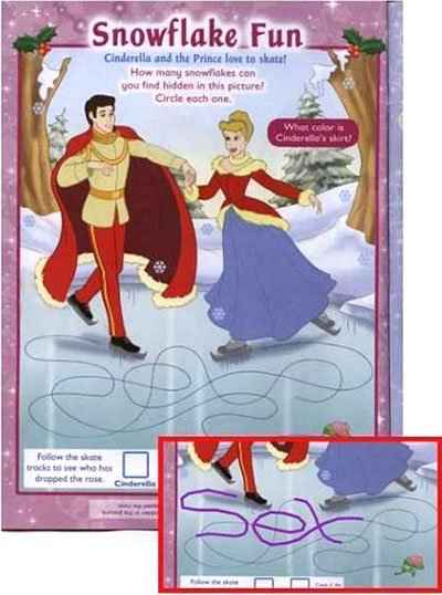 A picture from a Disney activity book in which cartoon skaters carve the word SEX in ice