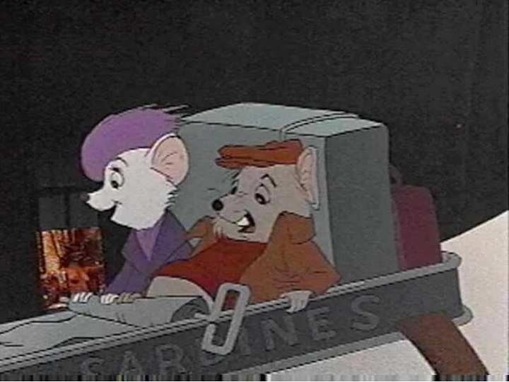 Frame from the Disney movie The Rescuers showing a woman's bare breasts