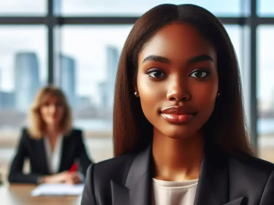 A young black girl in a business suit prepares for a job interview